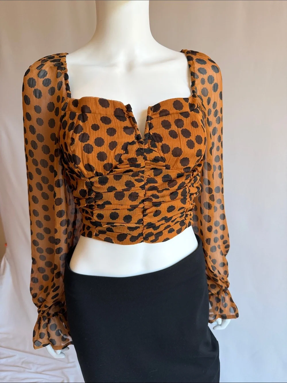 Free People Amber and Black Polka Dot Ruched Long-Sleeve Crop Top